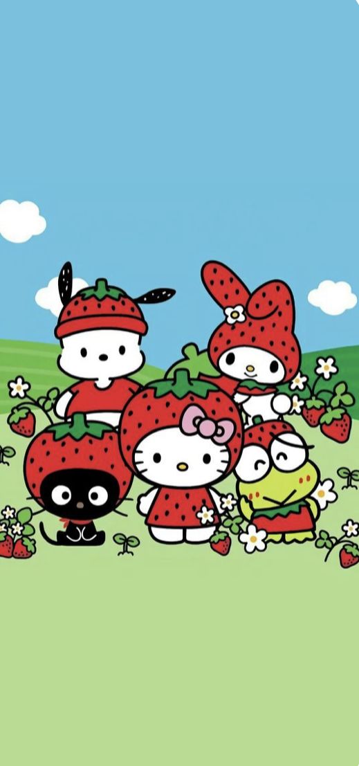 hello kitty and her friends are standing in the grass with strawberries on their heads