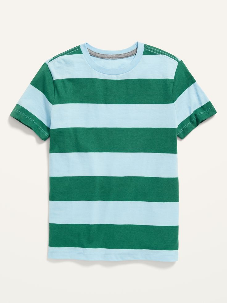 Our Softest T-shirts offer mega softness plus a comfy, relaxed fit.  Rib-knit crew neck.  Short sleeves.  Wide, contrasting stripes.  Tag-free label and pieced trim inside neck for added comfort and durability.  Soft, cotton-blend jersey.  Relaxed fi Green Striped Shirt Outfit, Blue Husky, Green Striped Shirt, Neutrogena Makeup, T Shirt For Boys, Free Label, Boys Graphic Tee, Print Ideas, Striped T Shirt