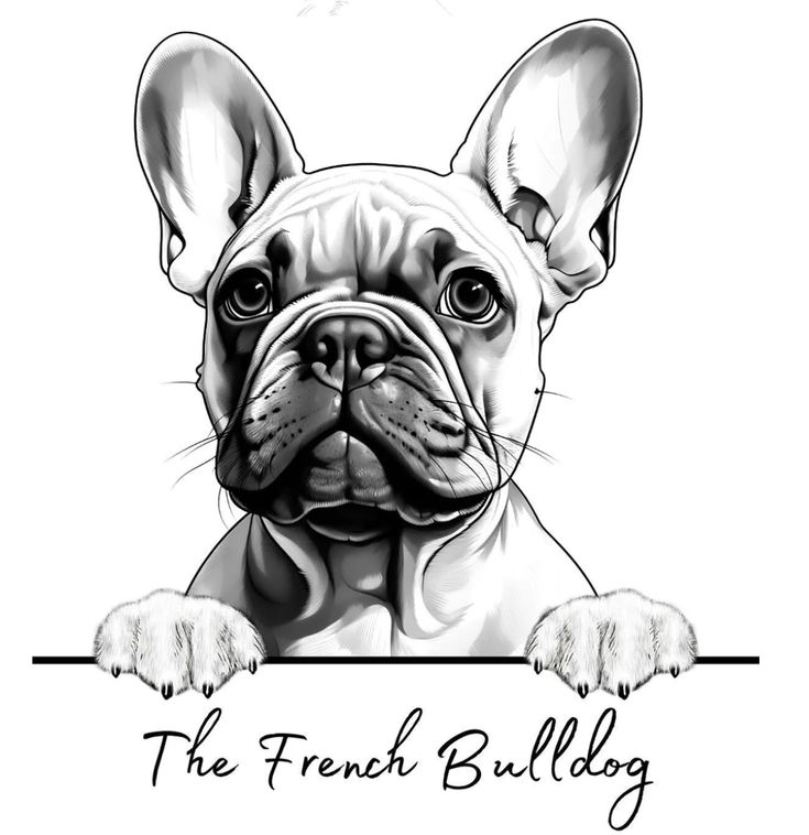 a black and white drawing of a french bulldog behind a sign that says the french bulldog