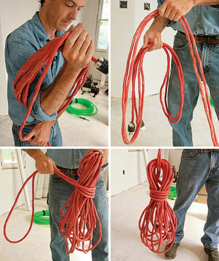 (Image credit: Apartment Therapy) While we’ve got all of our indoor extension cords neatly stored away, storing the 50ft length of medium gauge outdoor extension cord isn’t going to work with our DIY solution. Fine Homebuilding‘s Tucker Windover (what a great name) has come to our rescue with some step-by-step instructions of how to keep Fancy Wrapping, Outdoor Extension, Outdoor Extension Cord, Garage Workshop Organization, Wrapping Techniques, Extension Cords, Garage Shed, Cord Storage, Cord Wrap