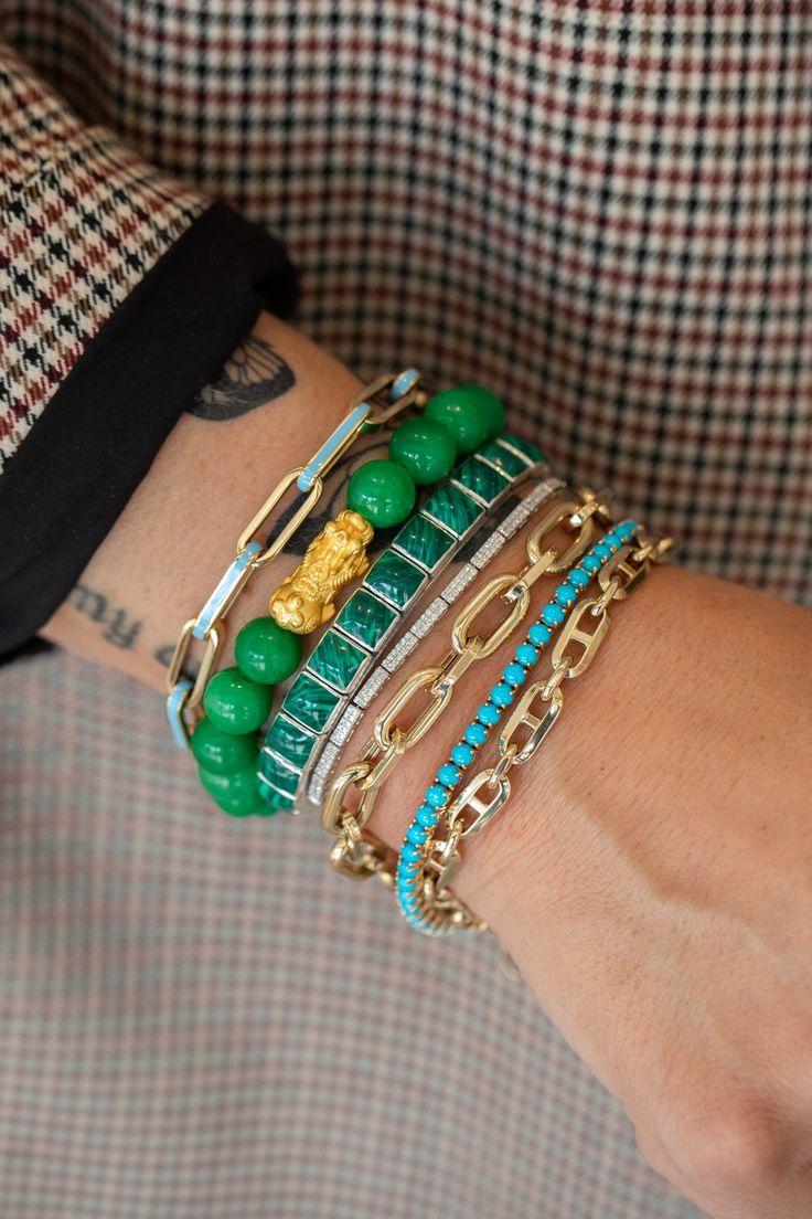 J. Landa Jewelry According to Chinese beliefs, the pixiu is a symbol of protection, wealth and good fortune. Add one of these colorful spiritual stretchies to your #wriststack! 24K gold pixiu charm, jade beads 7.25" (can be made smaller, message us!) Symbol Of Protection, Wrist Stacks, Rainbow Sapphires, Lock Necklace, Diamond Choker, Jade Bracelet, Gold Paper, Stackable Bracelets, Jade Beads