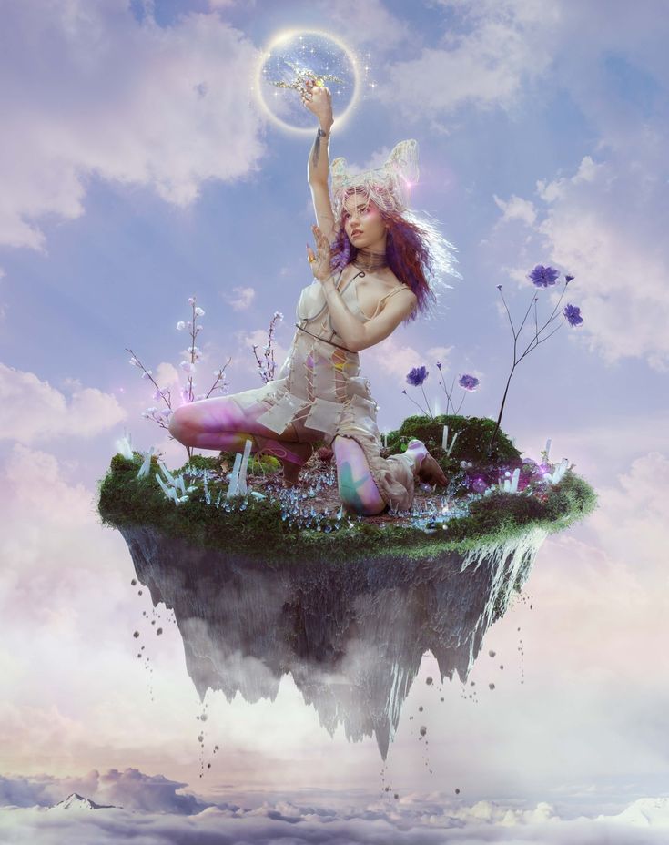 a woman sitting on top of a floating island with flowers and plants in her hair