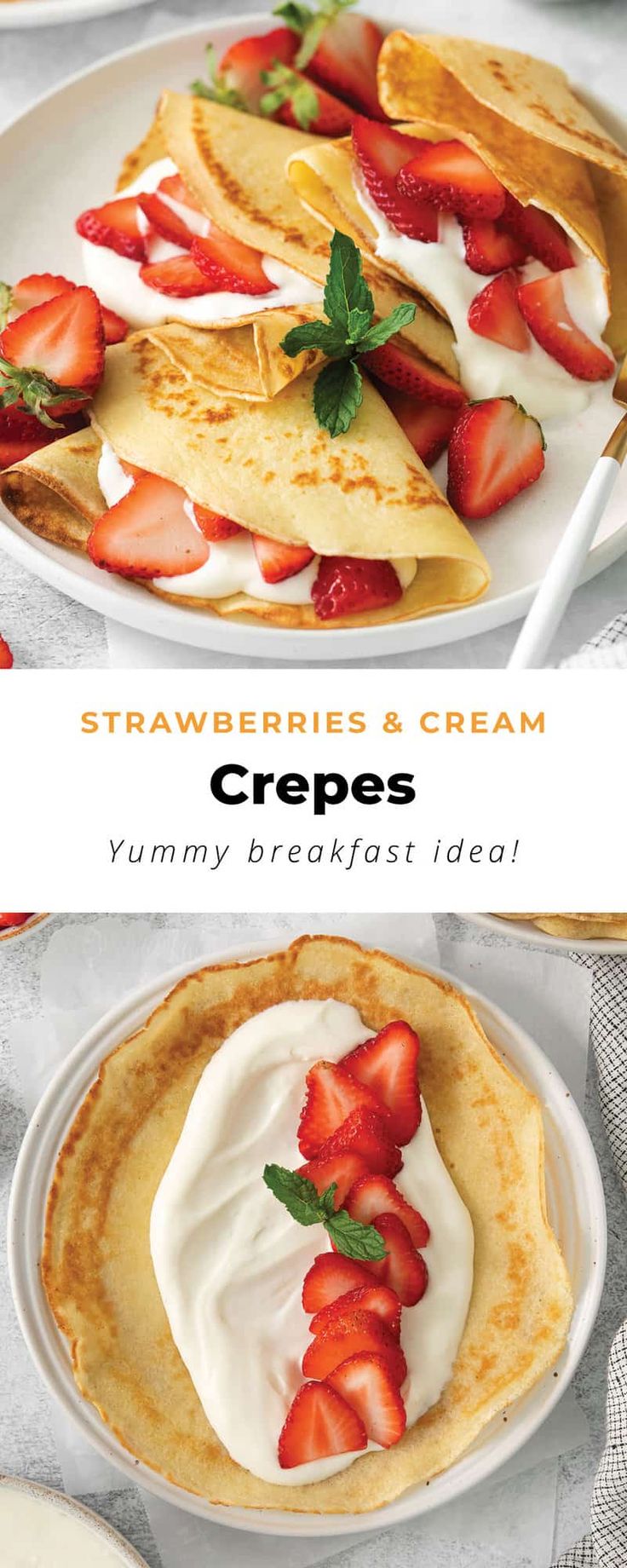 crepes with strawberries and cream on top are shown in two different images