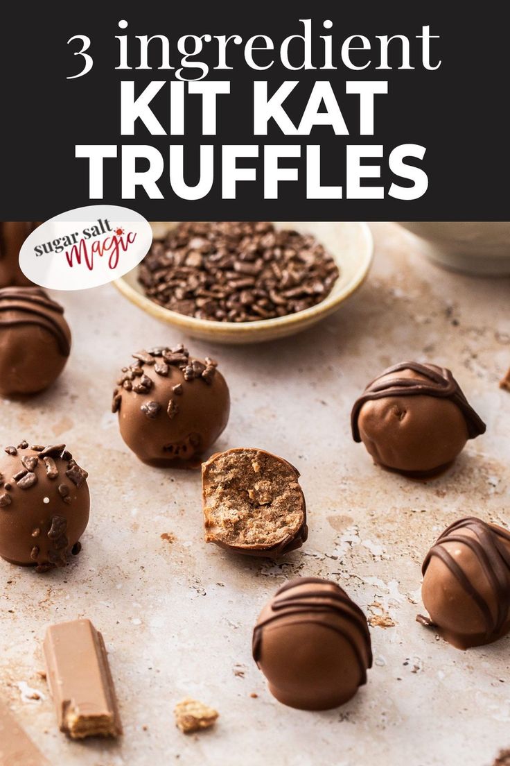 chocolate truffles on a baking sheet with text overlay that reads 3 ingredient kitkat truffles