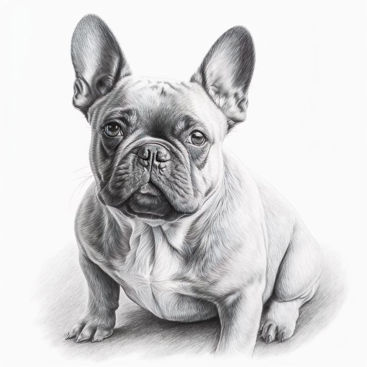 a black and white drawing of a french bulldog sitting down with its head turned to the side