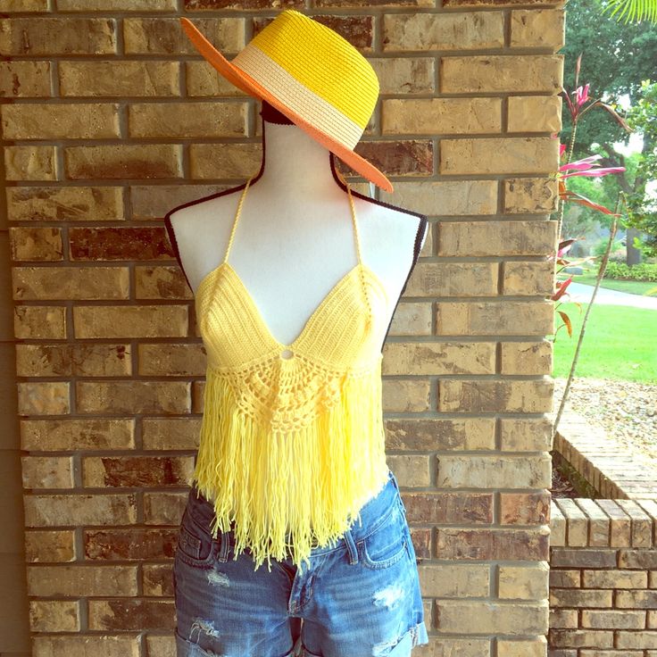 Crochet Hand Knitten Top One Size Yellow Color Beautiful Style Fitted Crochet Knitted Top For Spring, Summer Knit Tops With Fringe, Summer Knit Top With Fringe, Fitted Knit Crochet Top For Festival, Knitted Yarn Tops For Summer, Fitted Crochet Yarn Top For Spring, Summer Casual Crochet Yarn Top, Beach Crochet Top For Spring, Casual Crochet Yarn Top For Summer