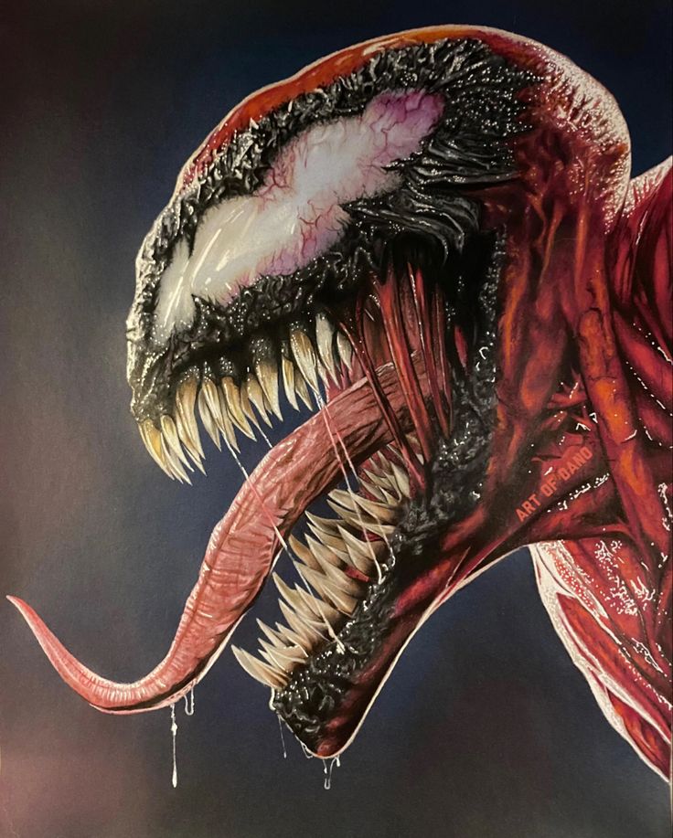 a painting of a large dinosaur with sharp teeth and huge fangs on it's face