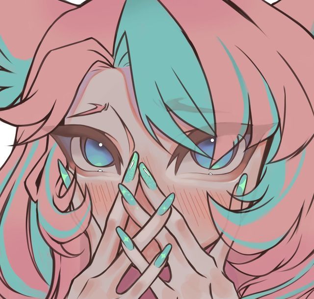 an anime character with blue eyes and pink hair covers her face while holding her hands to her mouth