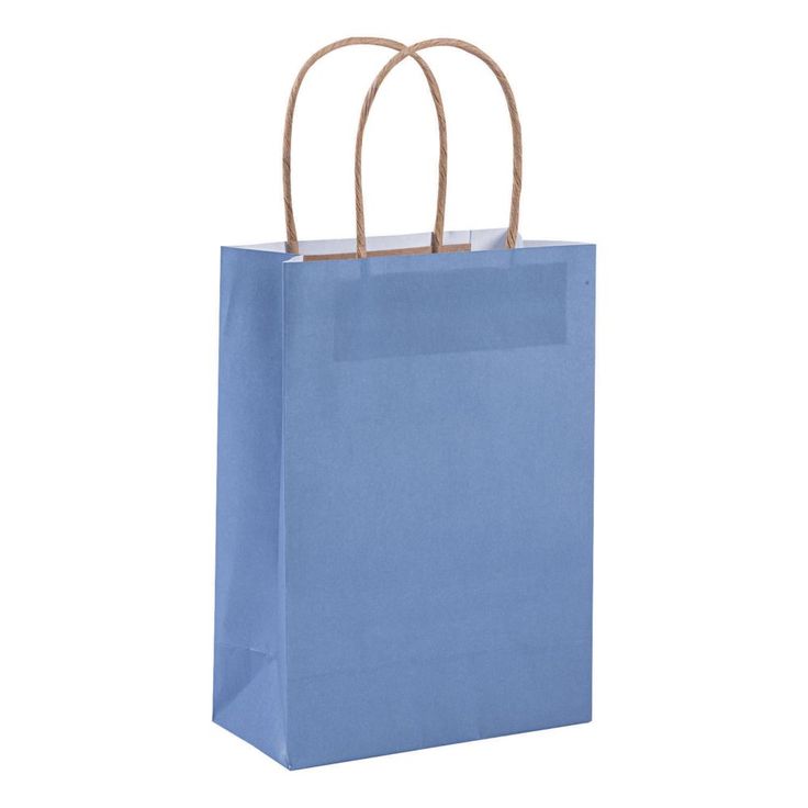 a blue shopping bag with two handles on the front and one handle at the top