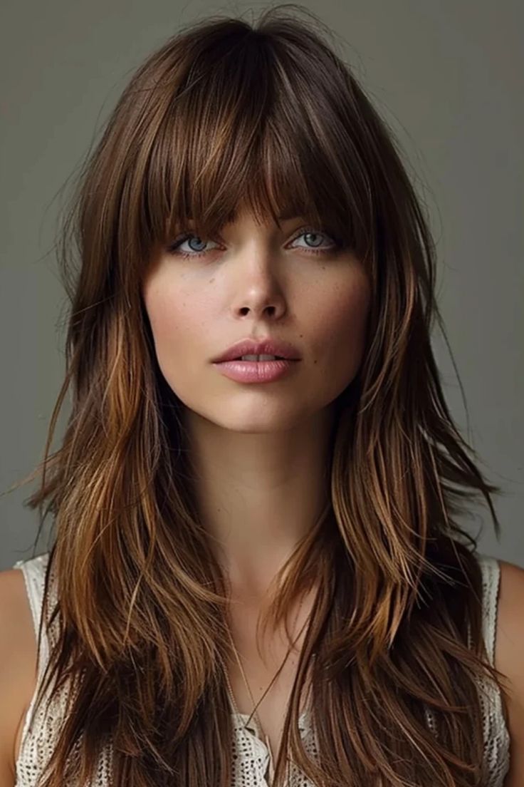 Portrait of a woman with bangs and shoulder-length brown hair, blue eyes, and freckles, looking at the camera. Before And After Bangs Long Hair, Choppy Hair With Bangs, Hair Down With Bangs, Top Hair Styles, Hair Styles Ideas, Choppy Haircuts, Medium Box Braids, Choppy Hair, Styles Ideas