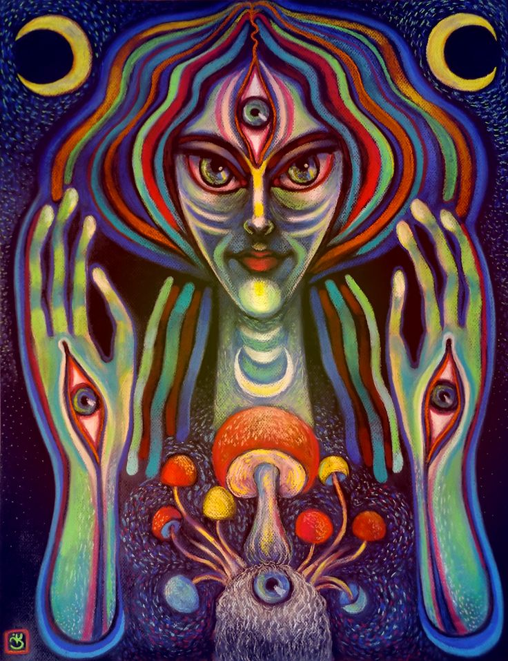 an image of a woman with her hands in the air and planets around her face