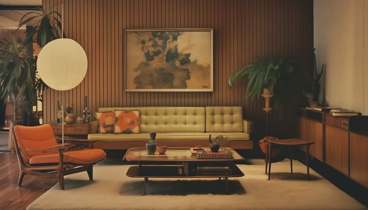 a living room filled with furniture and a painting hanging on the wall above an area rug