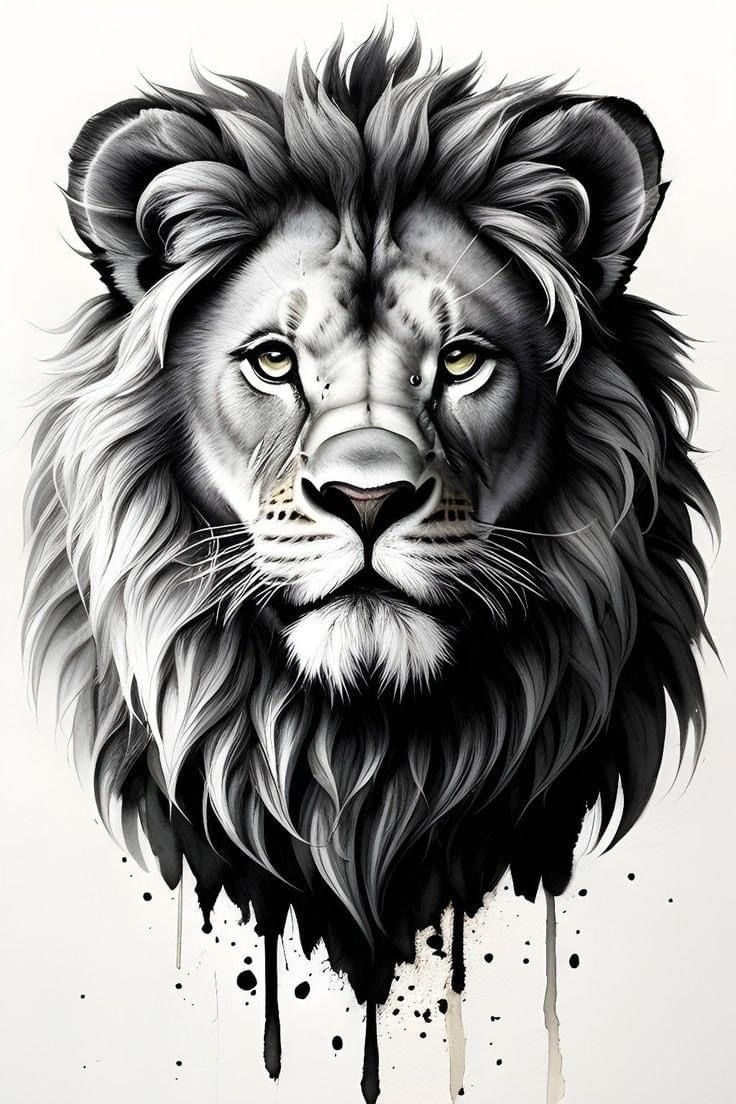 a drawing of a lion's face with black and white paint splattered on it