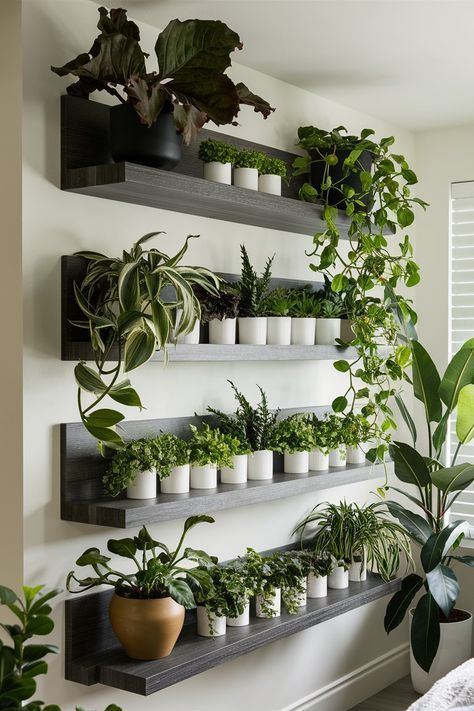 several plants are arranged on shelves in the living room