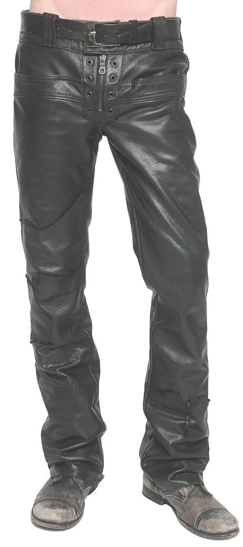 These are amazing pants from JUNKER Designs. Custom, hand made leather black leather pants that are created from soft vintage leather hand pieced together. Check out the way the pieces are puzzled together to add a great texture to the pants. 4 snap closure in the front with an exposed zipper for a unique rocker look. Double pockets in the front and the back. The pockets in the front have a vintage cotton lining. Each one is custom made to you. Please allow 8 weeks once sizing is confirmed. Josh Black, Concept Picture, Cloth Reference, Lederhosen Outfit, Fabric Folds, Rocker Look, Wrinkled Clothes, Biker Pants, Mens Leather Pants