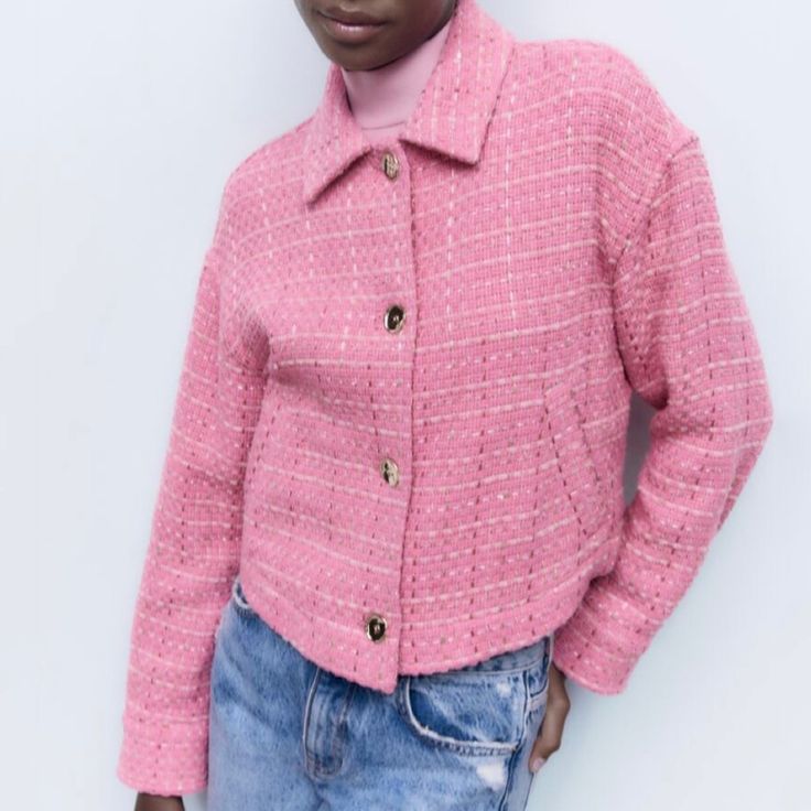 Nwt Zara Pink Textured Jacket Size Xs Collared Overshirt With Long Cuffed Sleeves. Front Welt Pockets. Sequin And Metallic Thread Details. Front Fastening With Metal Buttons. Can Be Worn As A Shirt Or Shacket/Jacket! Pink Long Sleeve Outerwear For Spring, Chic Pink Fitted Cropped Jacket, Pink Long Sleeve Spring Outerwear, Pink Long Sleeve Outerwear With Button Closure, Chic Pink Cropped Jacket For Workwear, Feminine Pink Outerwear With Button Closure, Chic Pink Blazer With Button Closure, Long Sleeve Pink Outerwear For Fall, Feminine Pink Outerwear With Buttons