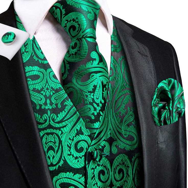 Green Royal Clothes Men, Men Black Vest Emerald Green Tie, Luxury Green Men's Vest, Back To School Needs, Luxury Green Ties, Luxury Green Men's Ties, Gold Man, Business Vest, Tuxedo Vest