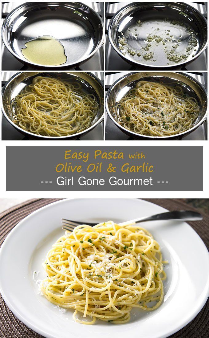 four pictures showing how to make an easy pasta dish with olive oil and garlic,