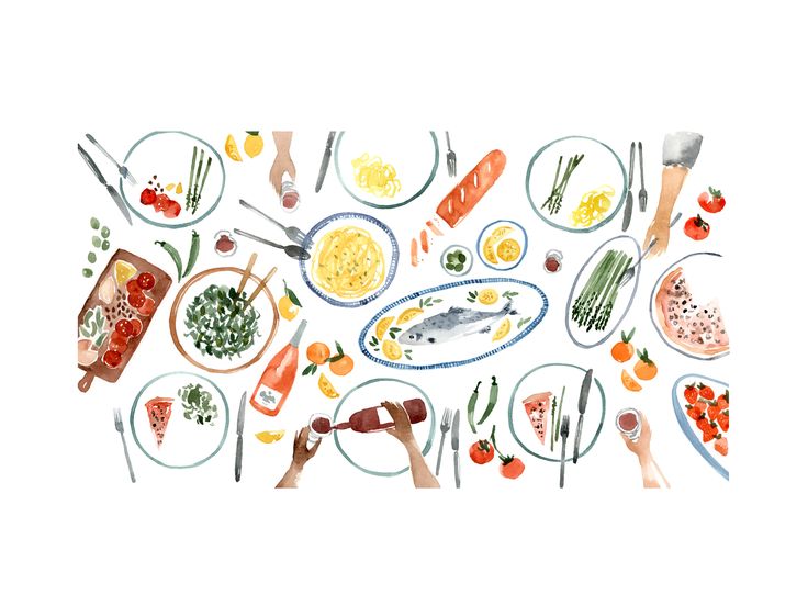 a group of people standing around a table filled with plates and bowls full of food