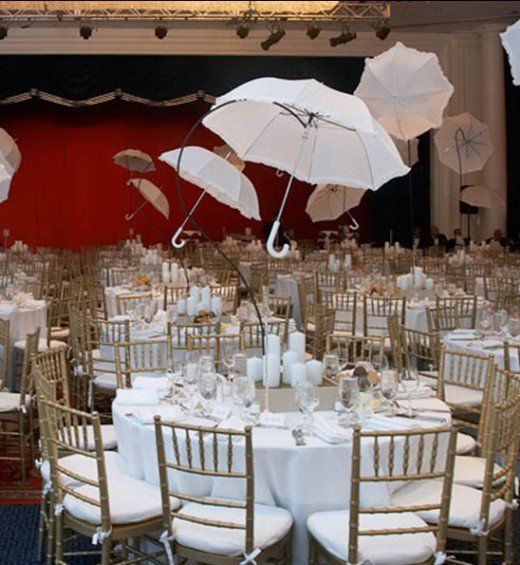 an image of a wedding reception with umbrellas in the air and tables set up