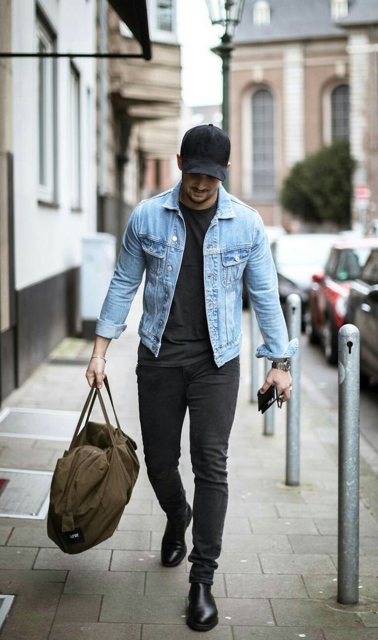 Black Boots Outfit Men, Black Chelsea Boots Men Outfit, Black Chelsea Boots Outfit, Jean Jacket Outfits Men, Denim Jacket Men Outfit, Chelsea Boots Men Outfit, Mens Denim Jacket, Light Wash Denim Jacket, White Jeans Men