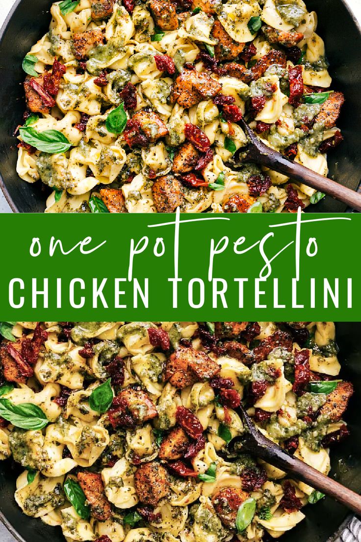 one pot pesto chicken tortellini in a skillet with the title above it