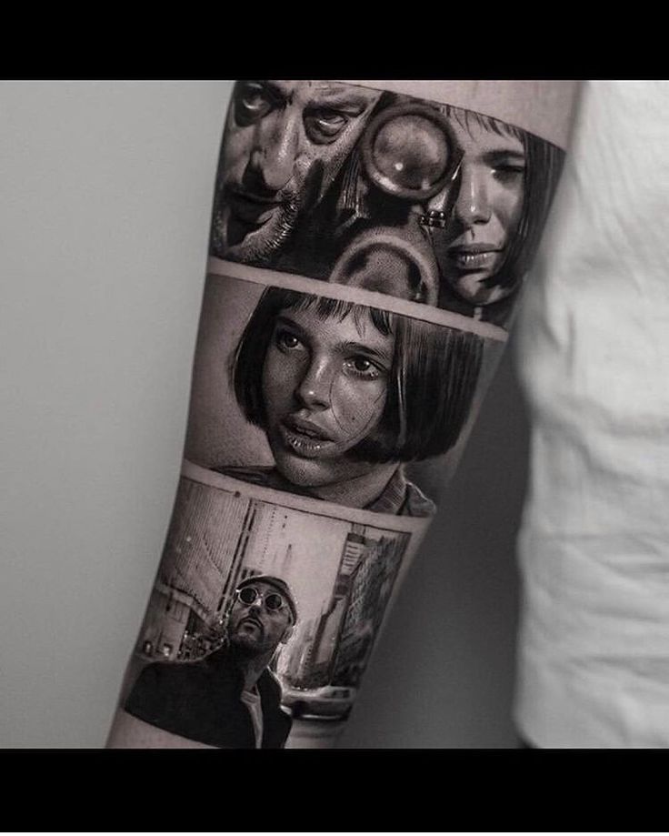 a man's arm with three different pictures on it and the same person behind him