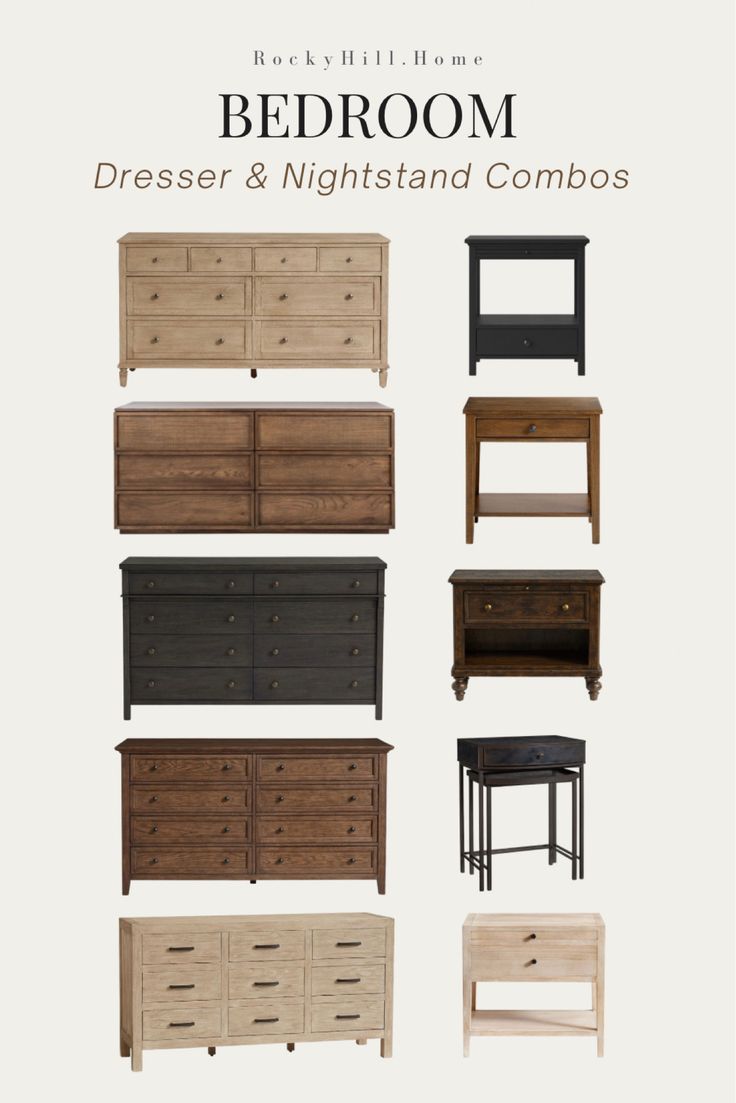 the bed room dresser and night stand combos are available in multiple colors, sizes and finishes