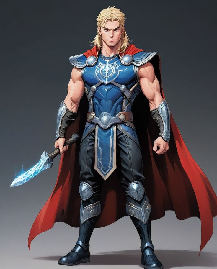 a man dressed as thor is standing with his hands on his hips and holding two swords