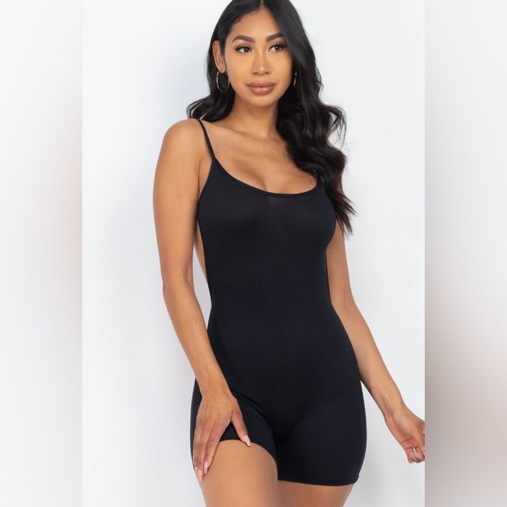 Backless Cami Romper, Crafted From Breathable, Super-Stretchy Material That Is Both Soft And Light As A Feather. Fabric Details: 92% Polyester, 8% Spandex Black Sleek Shapewear With Built-in Bra, Seamless Solid Shapewear For Night Out, Seamless Black Bodysuit For Night Out, Black Seamless Bodysuit For Night Out, Black Stretch Backless Shapewear, Stretch Bodysuit With Built-in Bra For Night Out, Black Seamless Backless Bodysuit, Summer Black Backless Shapewear, Black Backless Shapewear For Summer