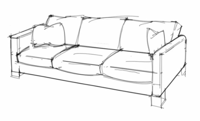 a drawing of a couch that is drawn with lines on the back and sides,