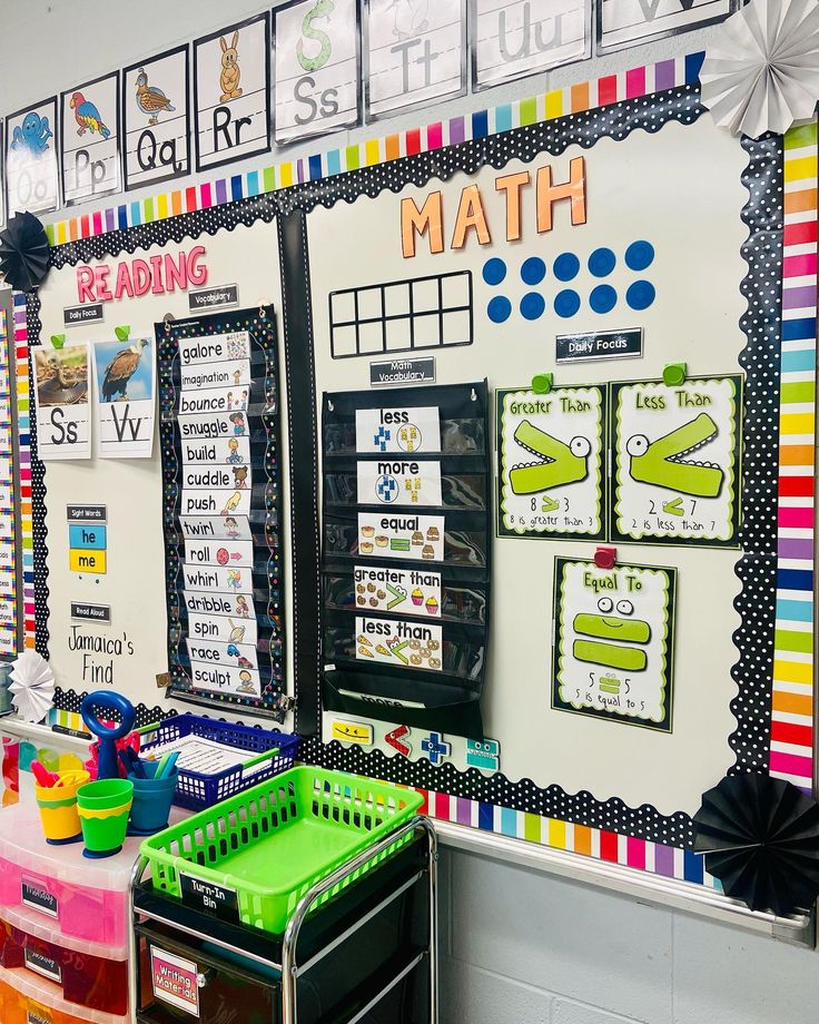 a classroom wall decorated with colorful posters and bins