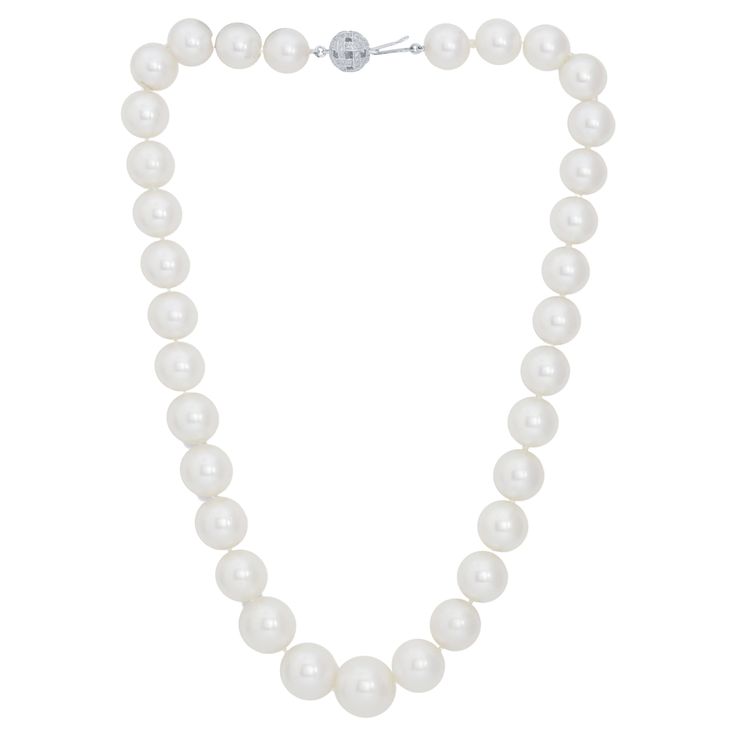 18kt white gold pearl necklace adorned with 11-15 mm tahitian south sea white pearls fine pinkish/white and a clip containing 0.40 cts tw micropave round diamonds Diana M. is a leading supplier of top-quality fine jewelry for over 35 years. Diana M is one-stop shop for all your jewelry shopping, carrying line of diamond rings, earrings, bracelets, necklaces, and other fine jewelry. We create our jewelry from gemstones and diamonds of the highest quality (GIA certified) as well as the highest qua Gold Pearl Necklace, Jewelry Shopping, Micro Pave, Gold Pearl, Tahiti, Pearl White, Diamond Rings, Round Diamonds, Pearl Necklace