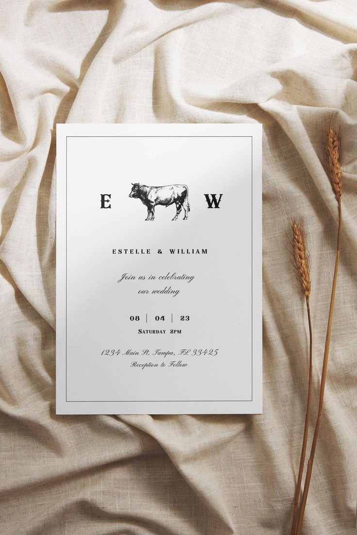 an image of a wedding card with a cow on the front and bottom, in black ink