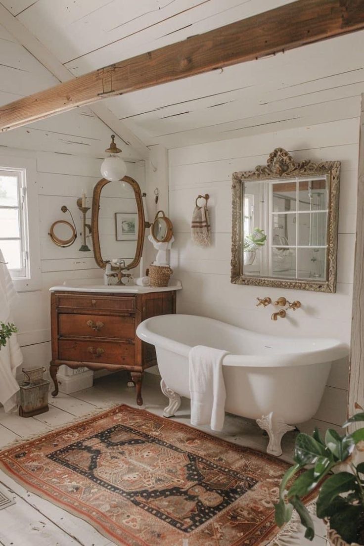 a bathroom with a rug, sink and bathtub in the middle of the room