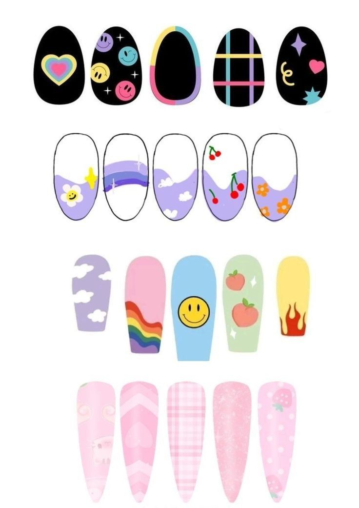 an assortment of fake nails with different designs on them