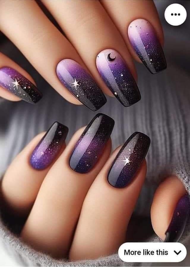 Nails Space Design, Purple Ombre Nails Short, Nail Art Space, Black Summer Nails, Ongles Gel Violet, Cosmic Nails, Galaxy Nail Art, Witchy Nails, Space Nails