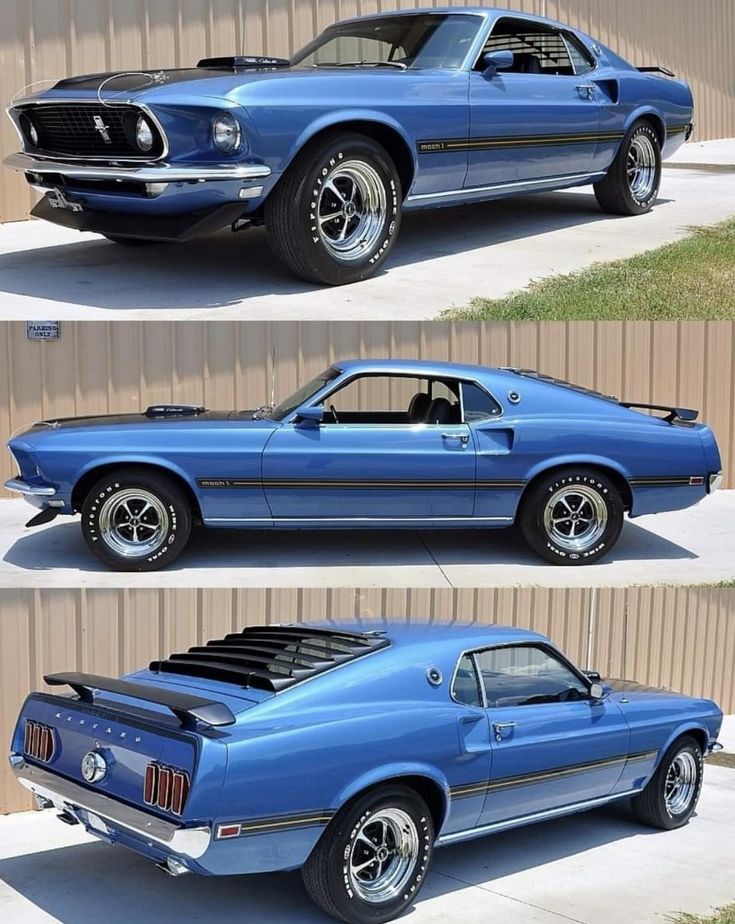 two pictures of a blue mustang with the hood up and the front end down, in three different views