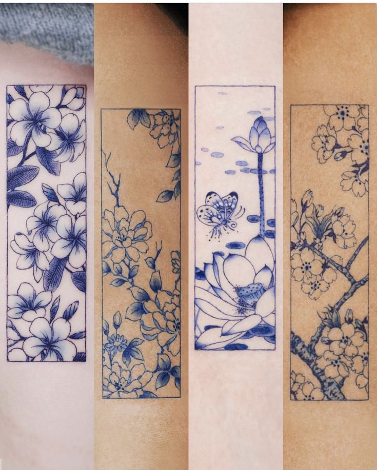 four blue and white designs on the back of a woman's arm, each with flowers