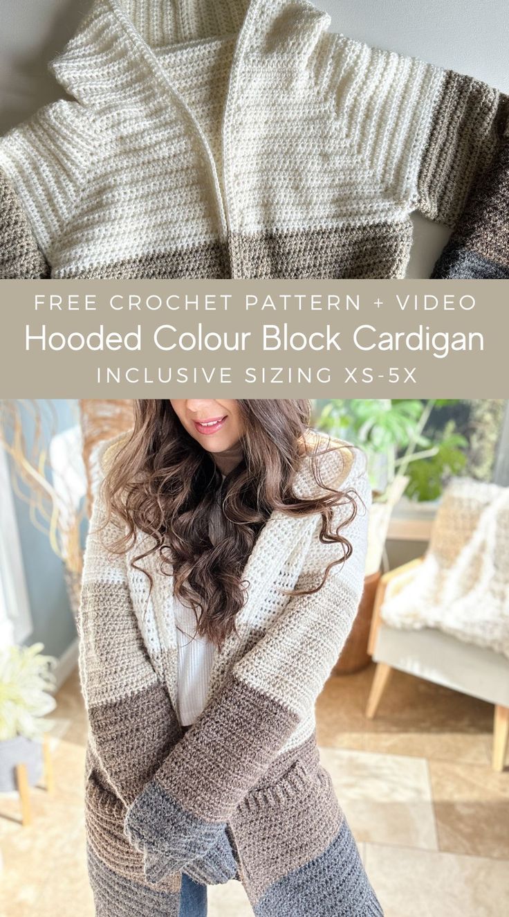 a woman is standing in front of a couch with her hands on her hips and the text reads free crochet pattern, video hooded color block cardigan