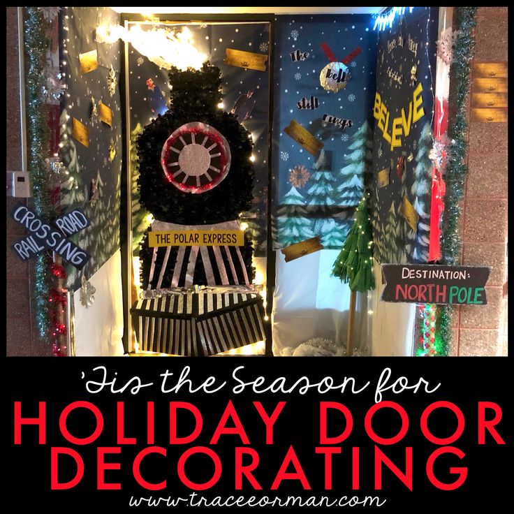 a holiday door decorated with christmas decorations and words that read, join the season for holiday door decor