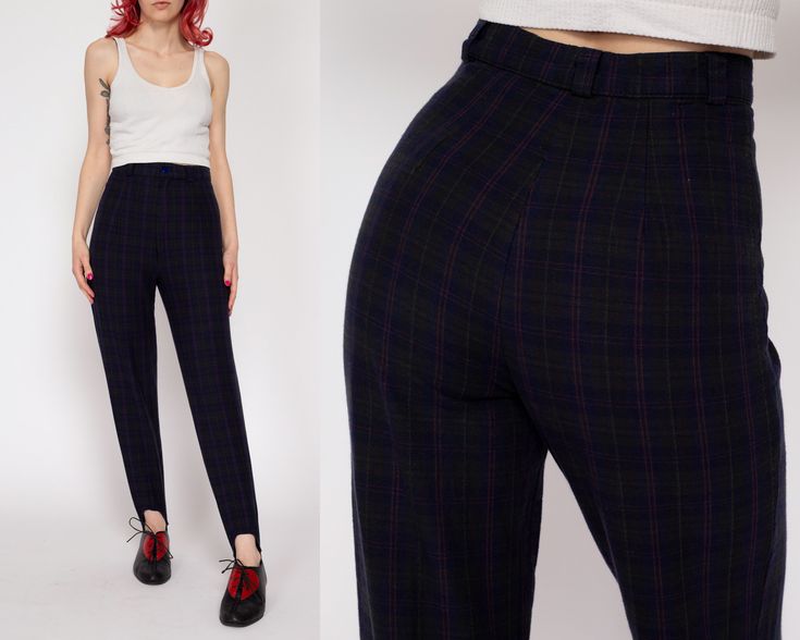 Vintage 80s high waisted stirrup pants in a dark grey, blue, and purple plaid. Measurements and Condition: Fits like: Labeled size 4, but fits modern women's petite extra small (inseam fits petite with the stirrup) Fabric: Cotton/spandex Brand: Averroe, made in USA Condition: Excellent Waist: 23.5" Hips: 33" to 35" - taken at the bottom of the zipper opening Rise: 11.5" Inseam not including stirrup: 24.5" Inseam including stirrup: stretches 26" to 29" comfortably Shown on a 5'3" model with measu Fitted Plaid High-waisted Pants, Fitted High-waisted Plaid Pants, Fitted Plaid High-waist Bottoms, Plaid High Waist Fitted Bottoms, High Waist Plaid Fitted Bottoms, High Waist Fitted Plaid Bottoms, Fitted High Waist Plaid Bottoms, Retro Fitted Plaid Bottoms, Fitted Vintage Plaid Bottoms