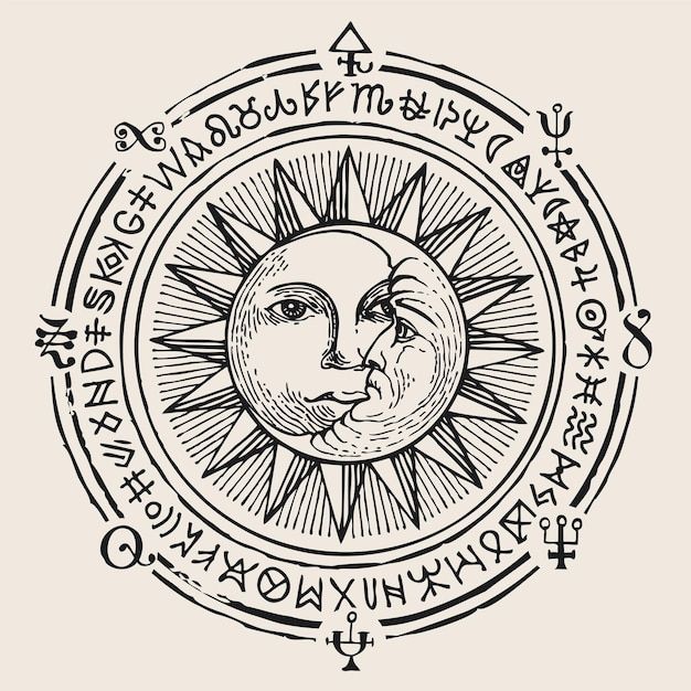 the sun and moon are depicted in this hand drawn illustration