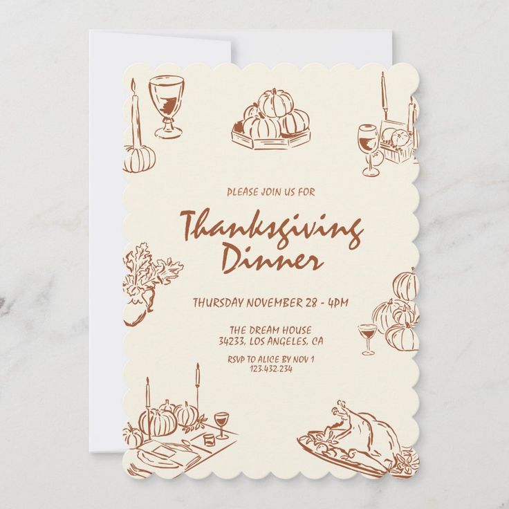 a thanksgiving dinner party card with hand drawn food and drinks on the front, in brown ink