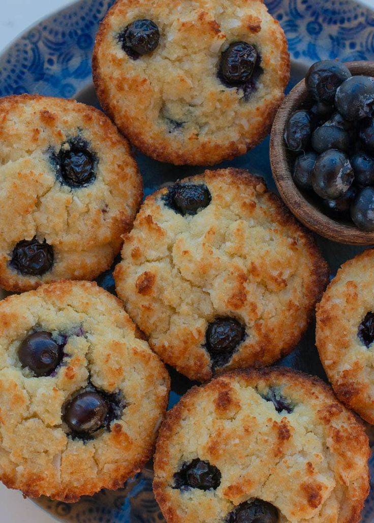 blueberry muffins are arranged on a plate