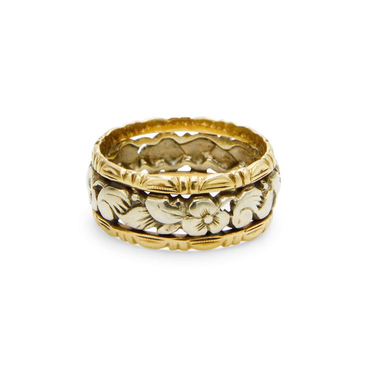 Antique 14K Yellow Gold Flower Engraved Wedding Band | Fred Leighton 14k Gold Jewelry With Intricate Design For Marriage, Traditional Etched Yellow Gold Engraved Ring, Antique Carved Yellow Gold Jewelry, Traditional Yellow Gold Engraved Ring, Victorian Gold Engraved Etched Ring, Victorian Gold Etched Engraved Ring, Ornate Yellow Gold Jewelry With Decorative Band, Victorian Etched Gold Engraved Ring, Yellow Gold Filigree Jewelry For Marriage