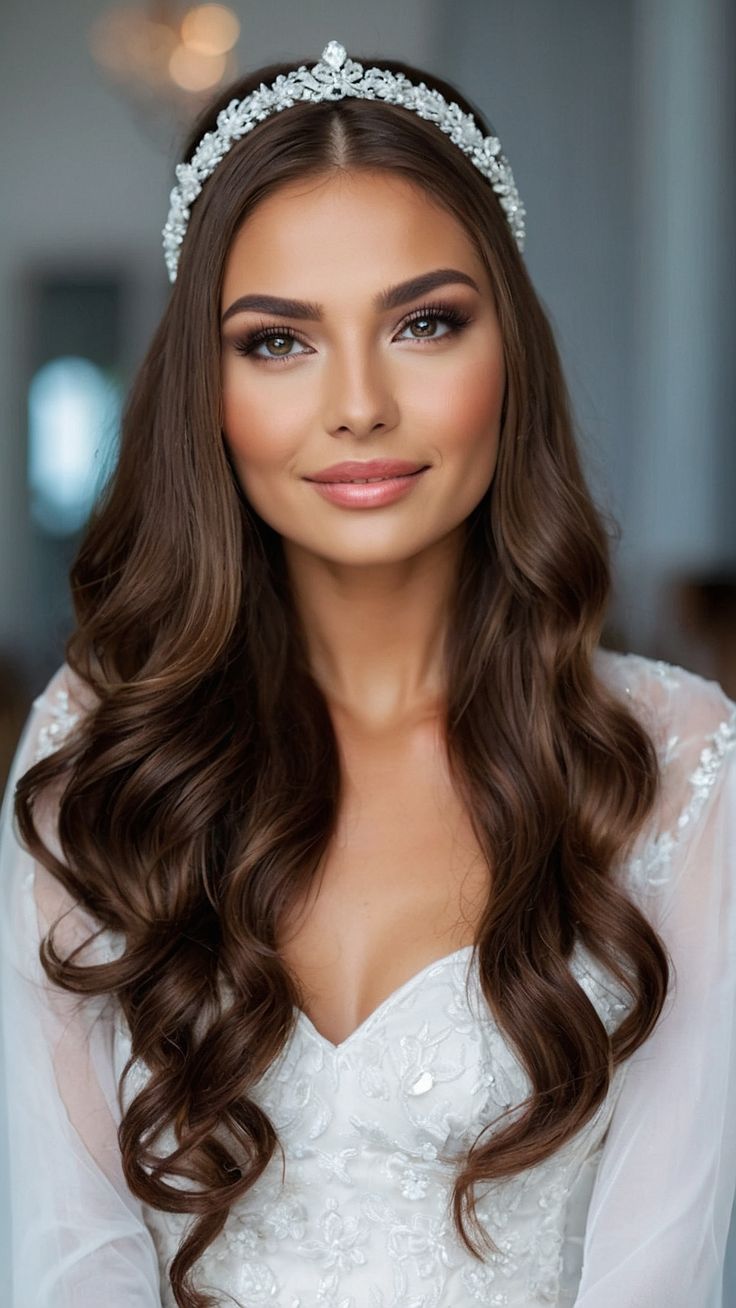 a woman with long hair wearing a tiara