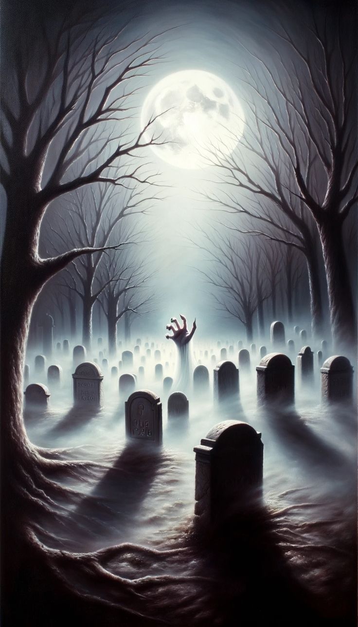 a painting of a creepy graveyard at night