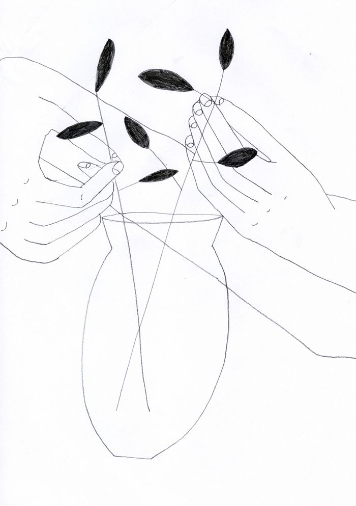 a drawing of two hands reaching for leaves in a vase with another hand holding it