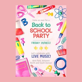 back to school party flyer with colorful items